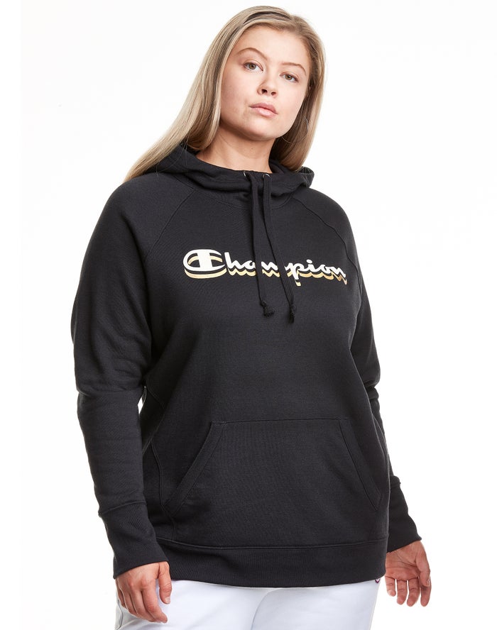 Champion Hoodie Dames - Zwart - Plus Powerblend Fleece Drop Shadow Foil Script Logo ( 618752-BVI )